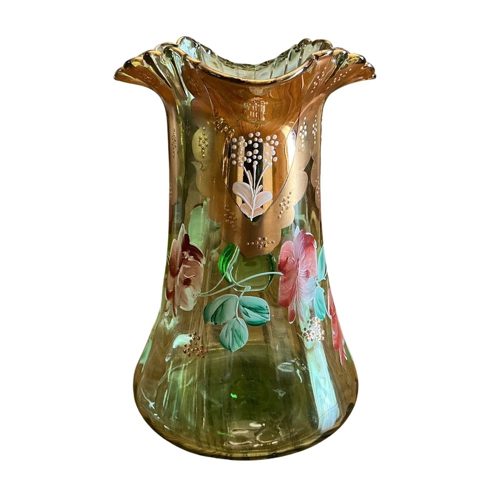 Vintage Bohemian Green Glass Pitcher & 6 Glasses Hand Painted Floral Gold Set - Picture 5 of 16